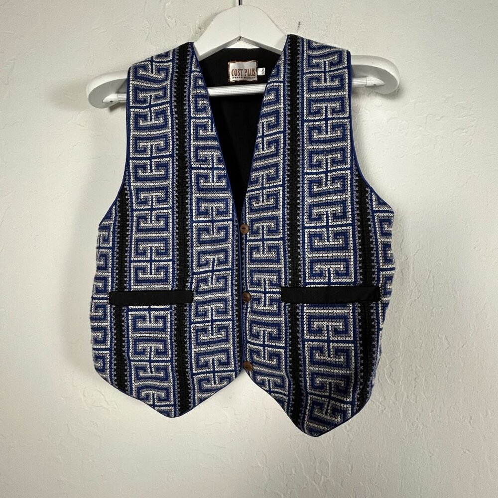Cost Plus World Market Womens Blue Black Geometric Pattern Cotton Vest Size S/M